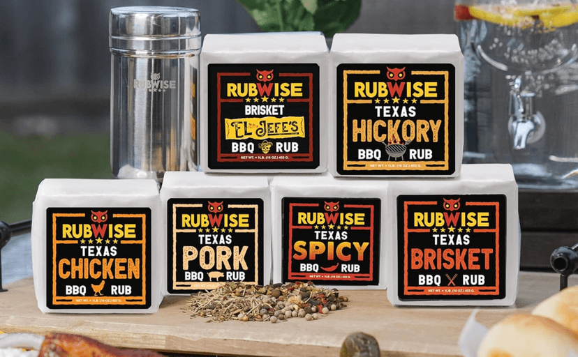 RubWise Texas Style BBQ Rub Gift Set (6 x 1 lb bags) | Meat Spice and Seasoning Variety Pack | Smoking & Grilling Gifts for Men | Brisket Rubs, Chicken, Pork, Hickory, Spicy, El Jefe | Shaker Included