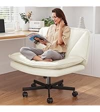 DurayLoly Criss Cross Chair with Wheels, Cross Legged Office Chair, Armless Wide Vanity Desk Chair with 2 Layer Scratch-Resistant Pu Leather Swivel for Home Office Bedroom,Beige