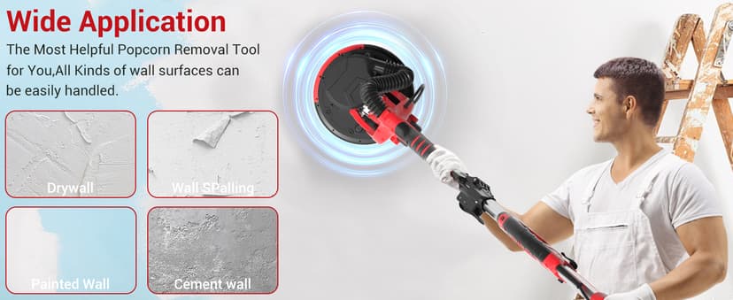 Drywall Sander, Popcorn Ceiling Removal Tool, 1000W Drywall Sander with Vacuum Dust Collector, 6 Variable Speed 500-2000rpm, 18pcs Sanding Discs, Led Light, Foldable & Extendable Handle