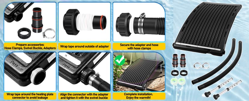 2PCS 2026 Upgraded Solar Pool Heater, with Height-Adjustable Support Feet, Four-Level Adjustment for Above-Ground and Inground Pools, Includes 4 Adapters, 4 Hoses & Clamps, 4 Plumber's Tapes