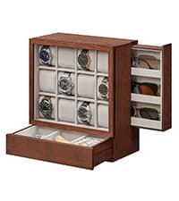 SONGMICS Watch Box, 12-Slot Watch Case Organizer with Large Glass Lid, 2 Layers, Removable Pillows, Metal Lock, Gift for Loved Ones, Black Synthetic Leather, Black Lining UJWB012B03