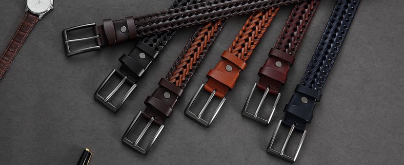 YOORAN Leather Braided Belts Men Golf Belt 1 3/8" Woven Belt Casual Jeans Gift Box