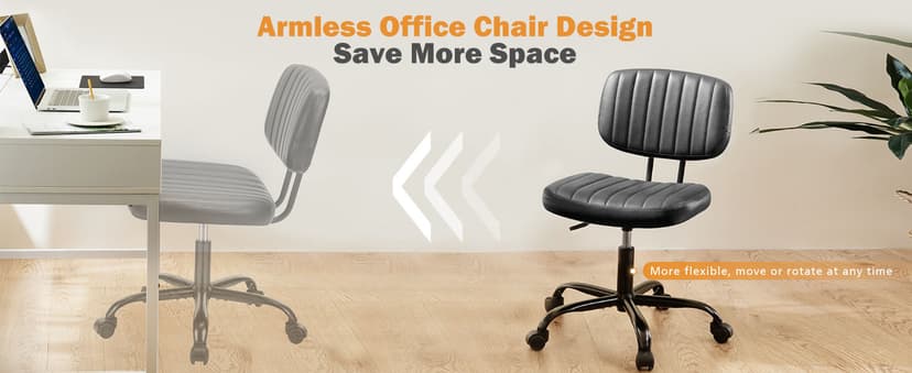 Sweetcrispy Small Office Desk Chair - Armless PU Leather with Comfy Lumbar Support, Height Adjustable Rolling Swivel Task for No Arms, for Adult, Student, Bedroom, Home, Vanity, Black