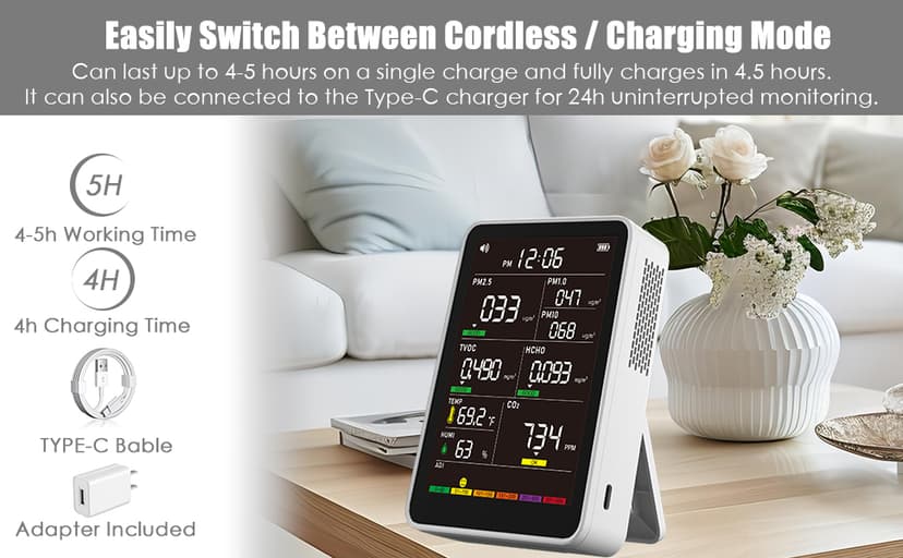 Professional Indoor Air Quality Monitor with AQI Alerts, Portable Real-Time Detector for Home, Car, Plants & Pet (Milk White)