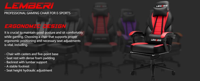 LEMBERI Big and Tall Gaming Chair 400lb Capacity, Heavy-Duty Office Chair with Reinforced Footrest, Wide Seat High Back PC Desk Chair with Linkage Armrests, Thickened Steel Frame, PU Leather, Red