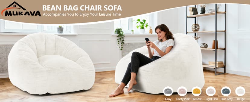 Bean Bag Chair for Adults, Soft Faux Fur Giant Beanbag Chairs, Oversized Cozy Bean Bag Couch Large Reading Chair, Comfy Bean Bag Sofa for Living Room, Bedroom & Dorm, Beige
