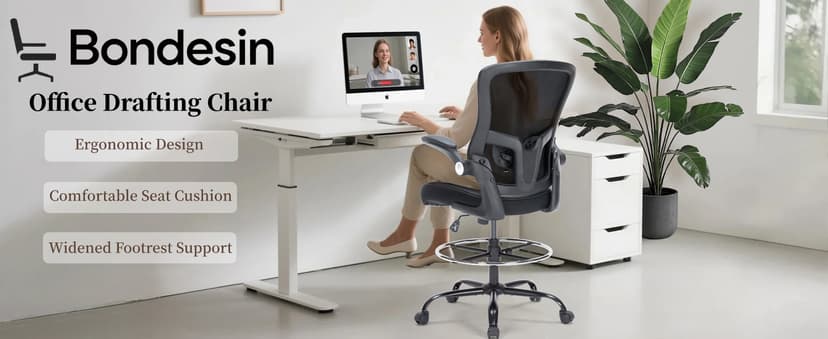 Drafting Chair, Tall Office Chair with PU Leather Seat, Ergonomic Standing Desk Chair with Lumbar Support Counter Height Office Chair with Adjustable Footrest Ring Flip-up Armrests
