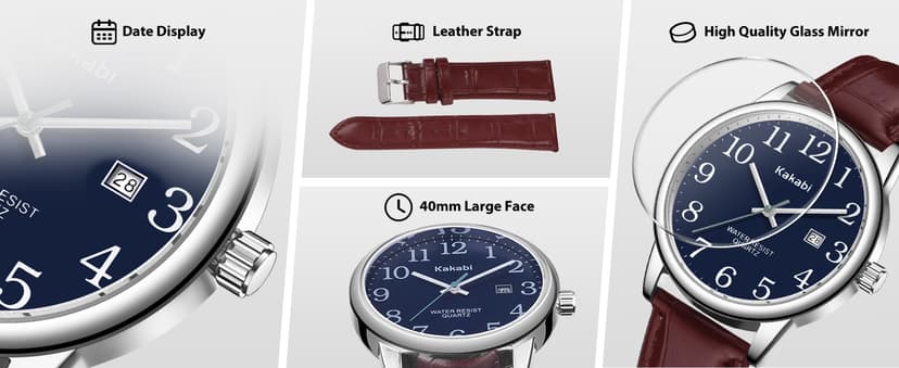 Kakabi Watch for Men, Easy Reader Unisex Analog Quartz Waterproof Wristwatch with Date and Leather Band, Casual Simple Fashion Mens Watches Gift