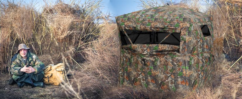 HUNTSEN Hunting Blind 270 Degree See Through Ground Blind - 2-3 & 3-4 Person Pop Up Deer Blind for Hunting with Carrying Bag - 300D Reinforced Portable Durable Blind for Turkey and Deer