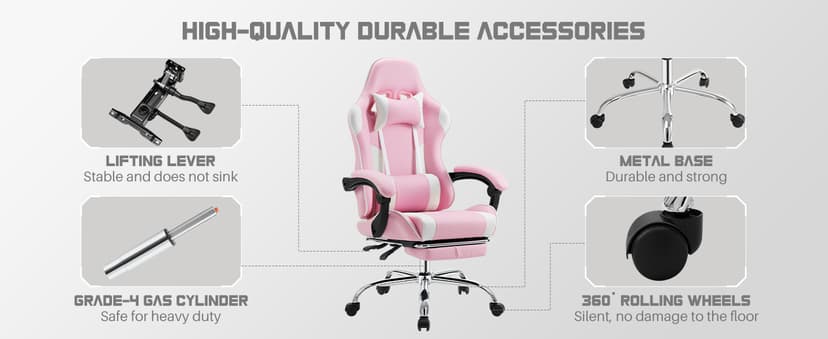 DUMOS Ergonomic Gaming Office Desk Chair with Footrest and Headrest for Adults, PU Leather Video Computer Chair with Linkage Armrests, Height Adjustable 360° Swivel Recling Chair, White Pink