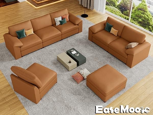 EASE MOOSE Brown Faux Leather Sectional Sofa,Leather Sectional Couch with Deep Seat,Extra Large U Shaped Couch,Oversized Modular Modern Scratch Resistant Sofas