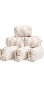 Makeup Bags Women Pouch, Large Preppy Storage Toiletry Travel Pouch for Wedding Bridesmaid Bride Favor Back to Teacher Gift Sanwuta 6 Pcs Seersucker Cosmetic Bags Bulk, Striped Zippered,Khaki B0FXMF4P4J