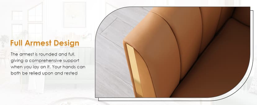 FOTOSOK 78'' Couch Sofa, Modern Leather Couches for Living Room, Comfy, Faux Leather Sofa 3 Seater Sofa with 2 Throw Pillows and Gold Metal Legs, Deep Seat Sofas (Brown)