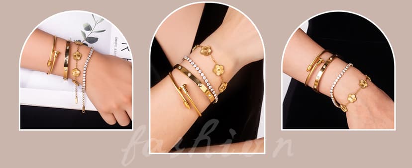 18K Gold Plated Bangle Bracelet Set for Women Stackable Lucky Floral Adjustable Tennis Bracelet Non Tarnish Gift Jewelry for Christmas Valentines Birthday Mother's Day B0FH8ZYLJL