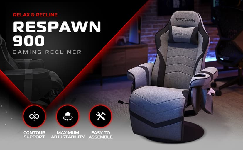 RESPAWN 900 Console Gaming Recliner with Footrest and Lumbar Support - Comfortable Ergonomic Gaming Chair with Headrest, No Wheels, Reclining, Heavy Duty, Racing Style Video Game Chairs - Gray Fabric