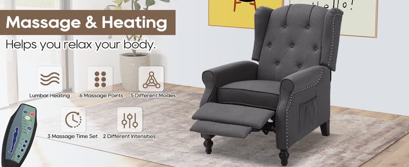 Wingback Recliner Chair with Massage and Heat, Wingback Recliner Tufted Fabric Push Back Recliner Chair for Living Room, Vintage Wingback Chair with Remote Control, Padded Cushion, Wooden Legs