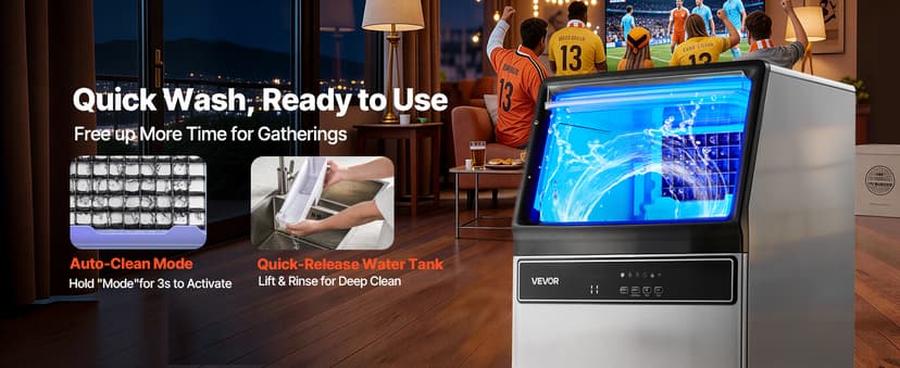 VEVOR Commercial Ice Maker Machine, 120 lbs/24H Ice Production, 33 lbs Storage Bin, 45 Cubes per Cycle, Stainless Steel Under Counter & Freestanding Ice Maker with LED Display, for Home Bar Restaurant