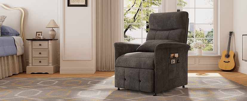 Power Recliner Chair for Adults with Heat & Massage - Soft Fabric Electric Reclining Sofa with Remote Control, 180° Lay Sleeper 3 Side Pockets for Living Room Home Theater, Dark Grey