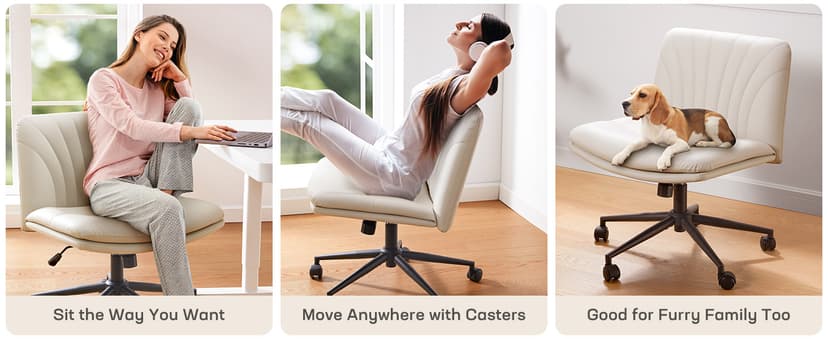 Marsail Criss Cross Office Chair with Wheels, Armless Wide Desk Chair for Active Sitting, PU Leather Cross Legged Chair for Home Office, Pet-Friendly & Easy Clean, Beige