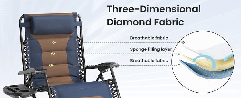 Zero Gravity Chair Oversized Padded Recliner with Adjustable Headrest & Cup Holder - 600D Oxford Folding Lounge Chair for Outdoor Camping, Patio, Poolside (Brown & Blue)