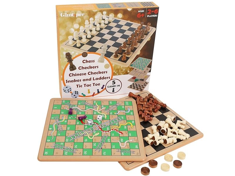 Glintoper 5-in-1 Wooden Board Game with 2 Reversible Boards for Chess, Checkers, Chinese Checkers, Snakes and Ladders, Tic Tac Toe, Tabletop Combo Classic Portable Board Games for Kids to Adult