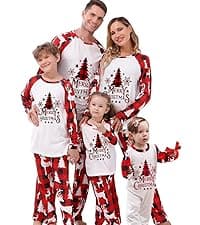 Awoscut Christmas Family Matching Pajamas Sets Christmas PJ's Letter Print Top and Plaid Pants Jammies Sleepwear