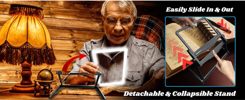 MAGNIPROS Patented 5X Large LED Page Magnifier with Detachable Stand | Eye Caring 3 Color Light Modes & Anti-Glare Lens to Reduce Eye Strain-Ideal for Reading Fine Print, Crafting, Low Vision Seniors
