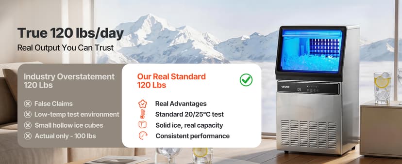 VEVOR Commercial Ice Maker Machine, 120 lbs/24H Ice Production, 33 lbs Storage Bin, 45 Cubes per Cycle, Stainless Steel Under Counter & Freestanding Ice Maker with LED Display, for Home Bar Restaurant