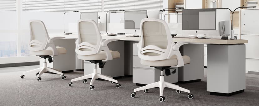 Hbada Office Desk Chair with Flip-Up Armrests and Saddle Cushion, Ergonomic Office Chair with S-Shaped Backrest, Swivel, Mesh, Grey