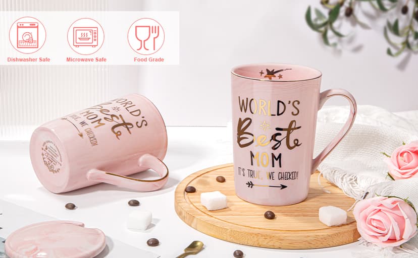 Unique Marble Gold Print Coffee Cup with Lid, Spoon, Greeting Card, Happy Moms Mothers Day Gifts Idea, Luxury Gift Boxed Set Birthday Gifts for Mom from Daughter Son, 14oz Funny Best Mom Mug, Pink B09Z7KFN1Y
