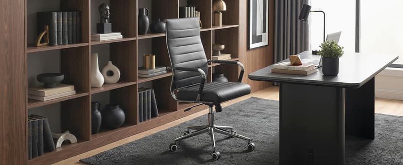 Okeysen Office Desk Chair, Ergonomic Leather Modern Conference Room Chairs, Executive Ribbed Height Adjustable Swivel Rolling Chair for Home Office. (Black)