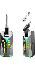 Wireless Guitar System 2.4 GHz with 8 Channels Rechargeable Audio Wireless Guitar Transmitter Receiver for Electric Guitar Bass Electric Wind Instruments,48K/16bit Real-time Transmissio (Black)