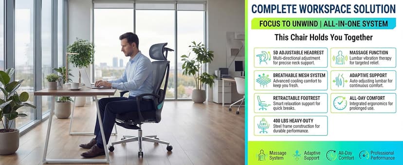 Ergonomic Office Chair with Footrest & Adjustable Lumbar Massager, High Back,Big and Tall,Desk Chair with 5D Headrest, Reclining Swivel Rolling Mesh Chair for Home Office, 400LBS (Black)