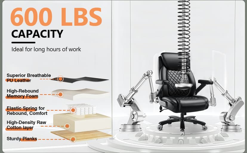 600LBS Large Heavy Duty Office Chair with 5D Flip Arms,Comfy Big and Tall Executive Office Desk Chair with Pocket Spring Cushion,High Back Computer Chair with Lumbar Support,Dual Rubber Wheel