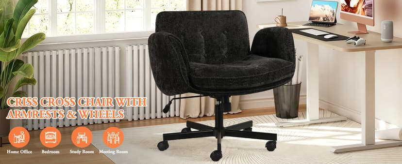 Criss Cross Chair with Wheels & Arms, Chenille Cross Legged Office Chair with 5-level Folding Armrest, Comfortable Adjustable Swivel Vanity Chair for Home, Make Up, Bed Room, Office, Accent (Black).