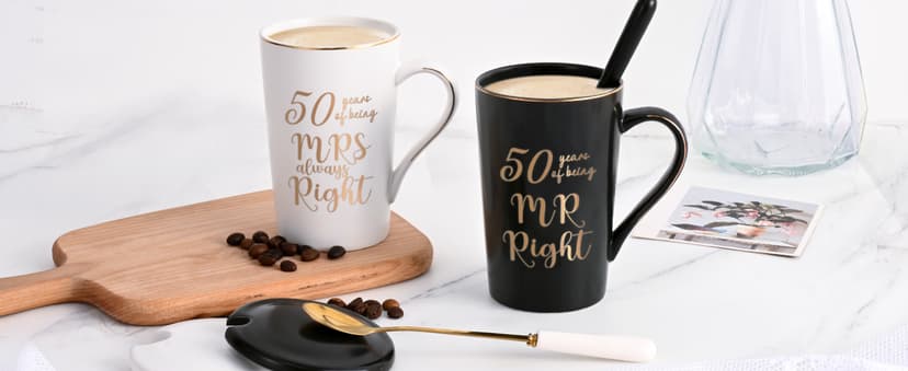 YHRJWN - 50th Wedding Gifts, 50 Years of Being Mr & Mrs Always Right Mug Set, Wedding Gifts Ideas for Parents Couple, 14 Oz with Lids and Gift Box