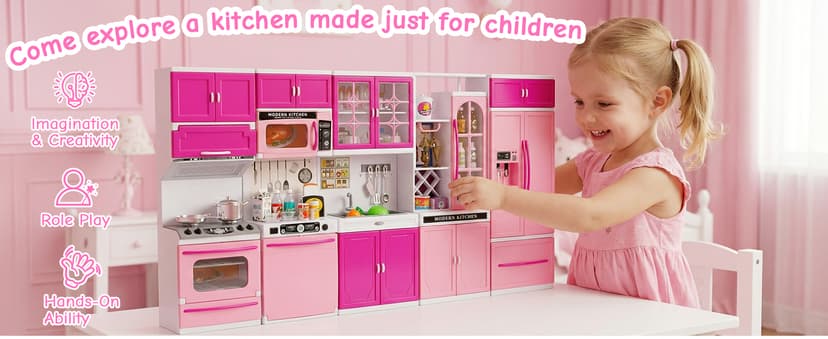 5 in 1 Kids Kitchen Playset Toys with Light & Sound, Doll House Furniture Accessories, 64 PCS Pretend Cooking Food Set, Play Kitchen for Toddlers, Gifts for Girl Ages 3-5 Year Old
