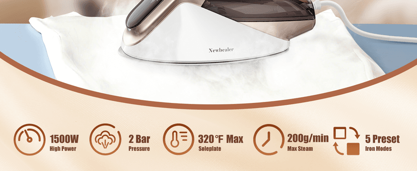 Newbealer Steam Generator Iron, 1500W Turbo Steamer for Clothes, 2 Bar Pressure Clothes Iron, 4 Steam & 4 Dry Heat Modes, Fast Heat-Up, 350ml Detachable Tank, Auto-Off, Self-Cleaning (Gold)