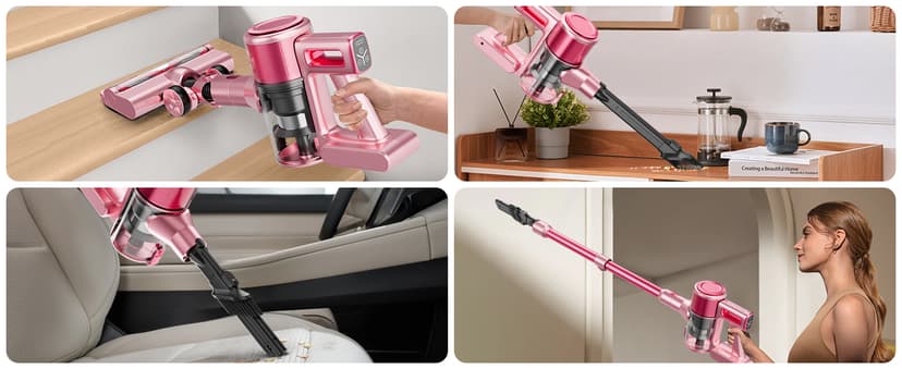Cordless Vacuum Cleaner, 38Kpa Powerful Stick Vacuum Cleaner with 45mins Rechargeable Battery, LED Anti-Tangle Brush, 8-in-1 Handheld Vacuum Cleaners for Home/Pet Hair/Carpets/Floors, Pink