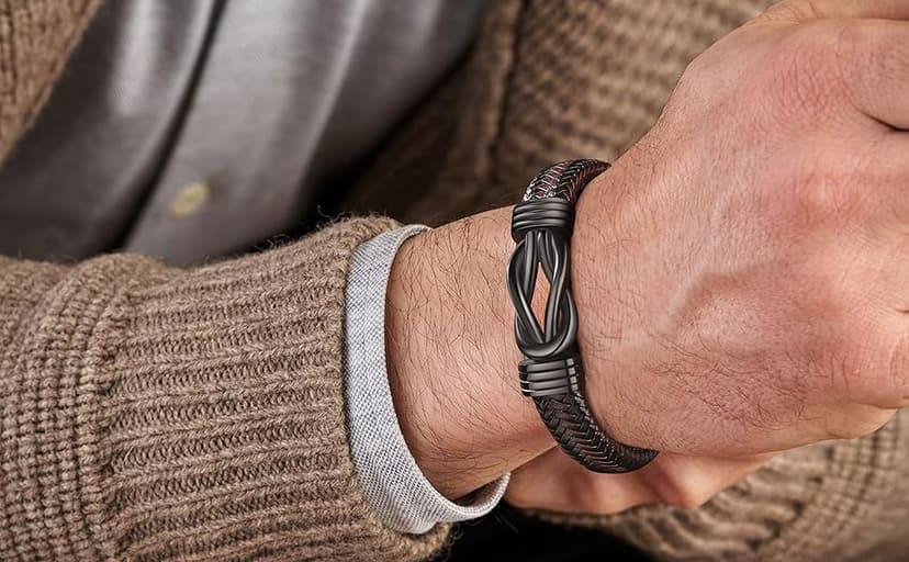 𝗞𝗻𝗼𝘁 𝗕𝗿𝗮𝗰𝗲𝗹𝗲𝘁 𝗚𝗶𝗳𝘁𝘀 𝗳𝗼𝗿 𝗠𝗲𝗻 Brown Braided Leather Stainless Steel Infinity Bracelets Lettering Love You Forever Gifts for Son Grandson Husband Boyfriend Brother Always Linked Together