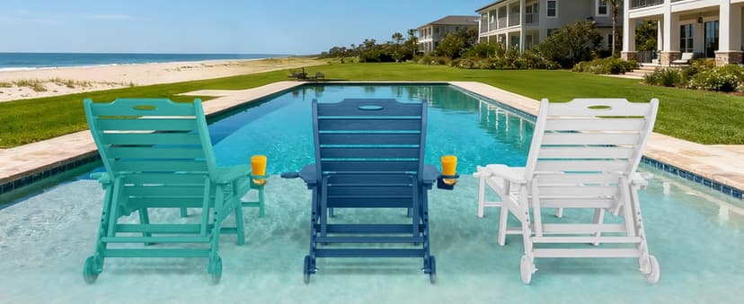 Carauci Lounge Chair Outdoor Set of 2, HDPE Chaise Lounge with Wheels, 5-Position Adjustable Backrest & 2 Cup Holders Patio Lounge Chair, All-Weather Pool Sun Lounger for Poolside, Backyard, Black