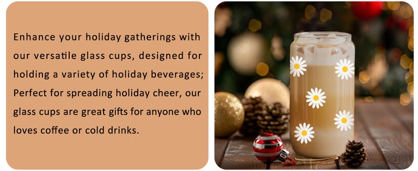 GSPY Daisy Aesthetic Gifts, Iced Coffee Cup, Cute Glass Cups with Lids and Straws - Cute Mugs, Flower Mug, Glass Tumbler - Retro, Christmas, Birthday Gifts for Women, Coffee Lovers, Friend, Girls, Mom