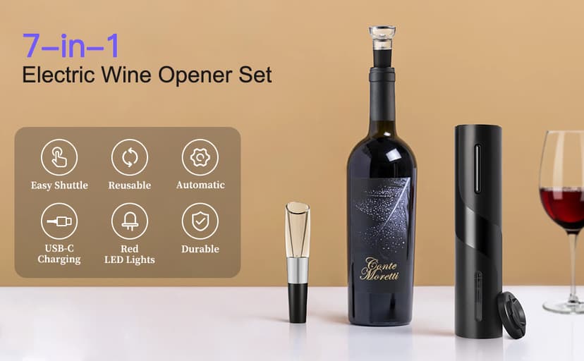 Electric Wine Opener Set by ELMWAY - Rechargeable Wine Bottle Opener & Corkscrew with Foil Cutter / 4 x Vacuum Stoppers/Premium Wine Aerator Pourer, Ideal Wine Gifts for Wine Lovers - Black