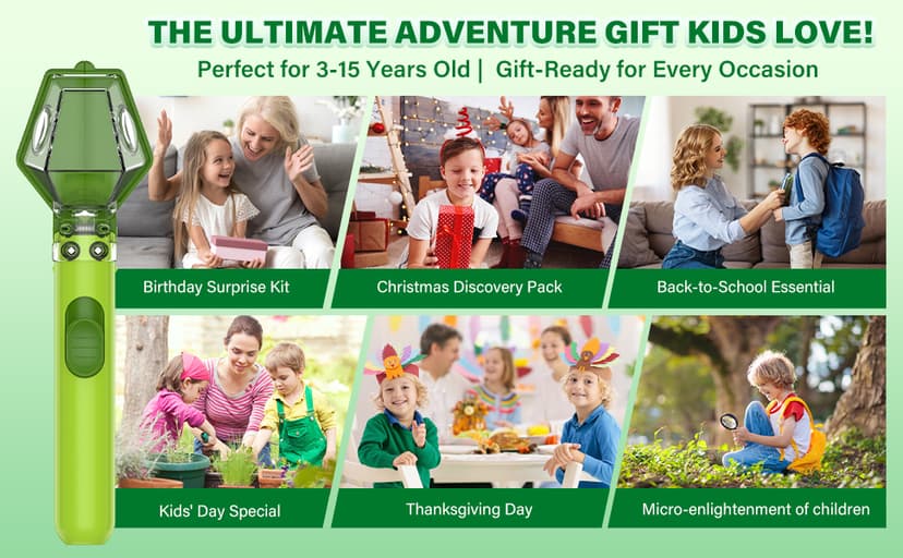 Bug Catcher for Kids, Insect Trap Kit with 6X Magnifier Glass - STEM Educational Exploration Tool for Indoor and Outdoor,Christmas Birthday Gifts Toys for Adults, Boys, and Girls, Green