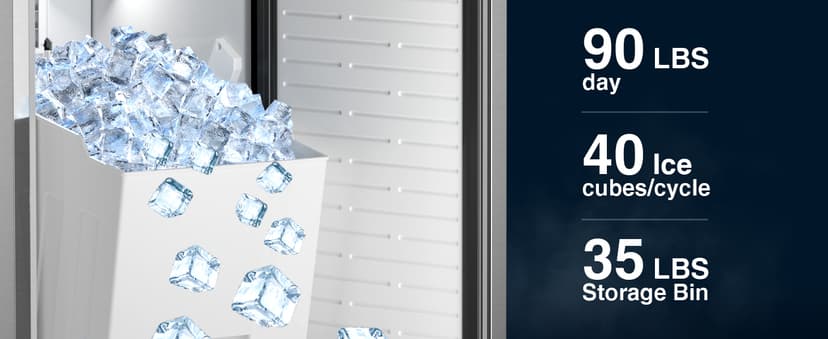 Mojgar Under Counter Ice Maker Machine - 90Lbs/24H, 35Lbs Storage Bin, Freestanding & Bulit-in Commercial Ice Maker | Self-Cleaning | Reversible Door | Commercial Ice Machine | Full Stainless Steel