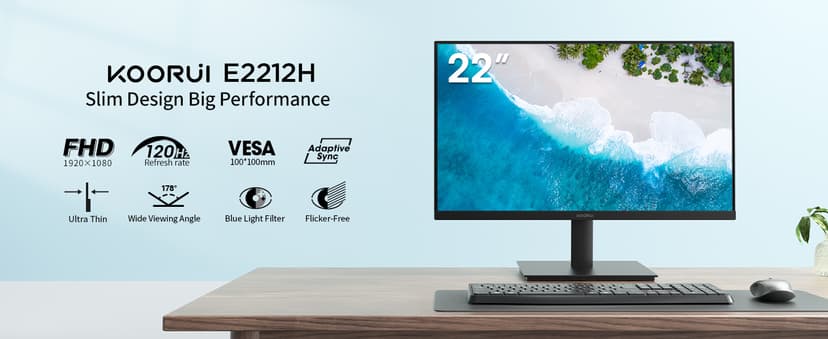 KOORUI New 22 Inch Computer Monitor FHD 1080P 120Hz PC Gaming Screen VA Panel Ultra-Slim Display 4000:1 Contrast Ratio with Adpitive Sync (HDMI/VGA/VESA Compatible 100x100mm/Audio Out), Tilt, Black