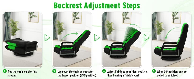 Swivel Floor Gaming Chair w/Armrests,Folding Video Reclining Sofa w/6 Adjustable Position, Padded Backrest & Cushion, Lazy Lounger Couch for E-Sports, Reading, Relaxing, Watching TV, Green