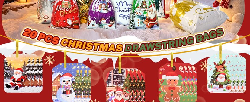 14 Styles Colorful Xmas gifts Bags with 20 Cards for Gifts Holiday Present Wrapping Xmas Decor 20 Pcs Christmas Drawstring Gift Bags, Assorted Sizes with More Large Bag. B0H7MP6FX5