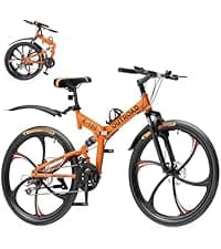 Outroad 26 Inch Folding Mountain Bike, 21 Speed Full Suspension High-Carbon Steel MTB Foldable Bicycle, Dual Disc Brake Non-Slip Folding Bikes for Adults/Men/Women, Black, Orange and Green