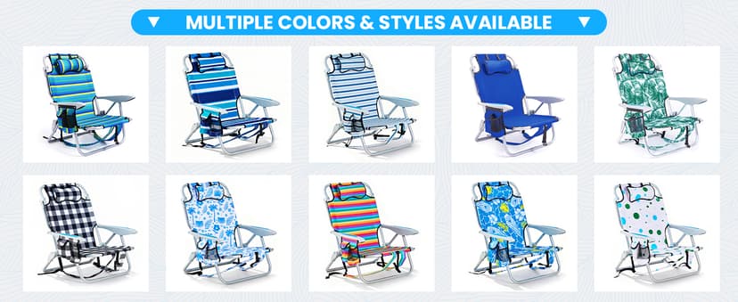 2 Pack Lightweight Portable Camping Beach Chair for Adults, Outdoor Lay Flat Folding Beach Chairs with 5 Positions, Backpack Beach Chair with Towel Bar, Zipper Pouch, Cup Holder, Ocean Striped